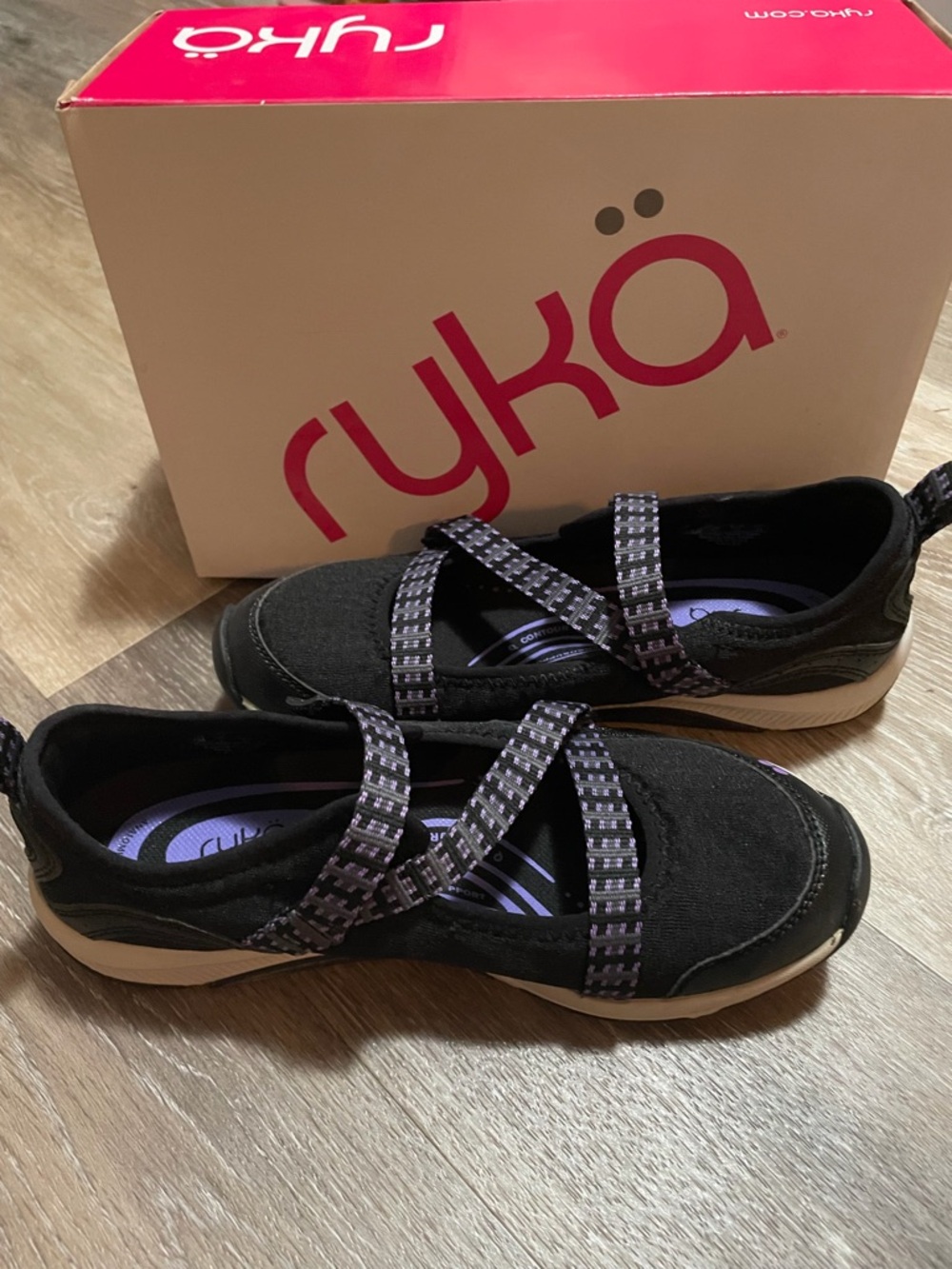 Ryka Black Slip-On Sneakers with Patterned Gray Straps